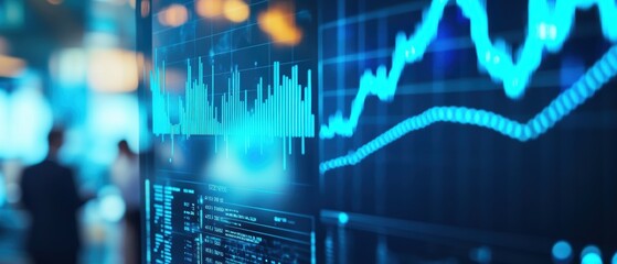 Financial market analysis on digital screen displaying stock trends with trading data in modern office space. Traders engaged in active investments and discussions.