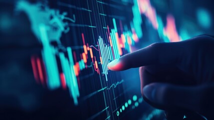 Finger touching financial data on digital screen showing stock market trends, analysis of trade performance, investment strategies, and economic forecasts.