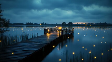 Obraz premium Serene Twilight Scene at a Lake with Pier and Glowing Fireflies Illuminating Calm Waters