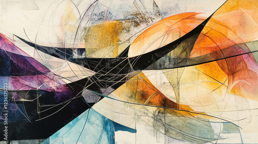 Poster abstract composition with dynamic shapes in purple, black, orange, and teal colors blending and cros