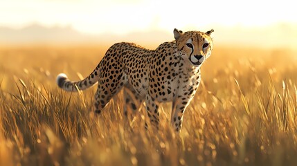 Majestic Cheetah Walking Through Golden Grassland at Sunset