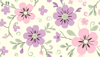 Soft floral pattern featuring pink and purple flowers with delicate green leaves on a cream background, perfect for textiles, wallpapers, or stationery designs.