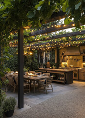 A luxurious outdoor restaurant with chairs and tables in a garden, featuring tropical architecture, a resort-style setting with a pool and terrace, perfect for a summer holiday