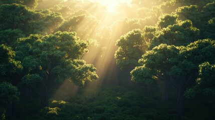 Obraz premium Sunlight Filtering Through Lush Green Forest Canopy in Nature