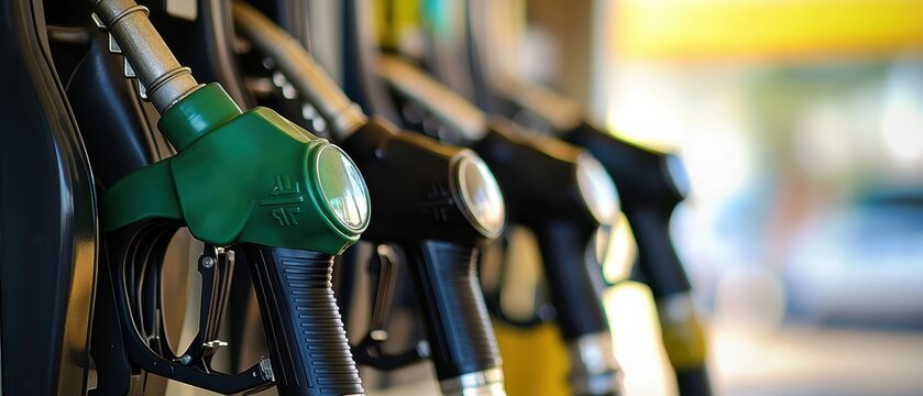 Fuel pumps at a gas station with colorful nozzles, showcasing a variety of gasoline types for vehicles. Close-up view of fueling options for drivers.