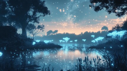 Enchanting Nighttime Landscape with Bioluminescent Flora and Serene Waters Under a Starry Sky