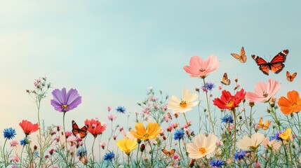 Fototapeta premium Colorful Wildflowers and Butterflies in a Peaceful Landscape Scene