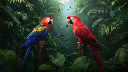 Colorful Parrots in Lush Jungle Setting with Vibrant Greenery