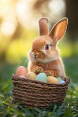 Rabbit sitting in a basket filled with colorful Easter eggs on a sunny day in a lush green garden. Springtime, celebration, and holiday decorations for family.
