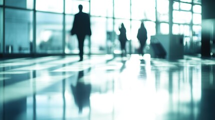 Business professionals walking in a modern office lobby with blurred silhouettes, natural light and reflections on the floor, emphasizing teamwork and collaboration.