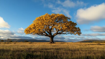 Fototapeta premium Majestic Autumn Tree with Vibrant Yellow Leaves in Scenic Landscape Under Cloudy Blue Sky