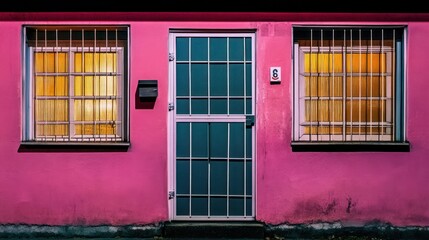 Pink house night exterior door windows lights