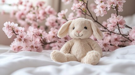 Plush bunny sits on bed, spring blossoms