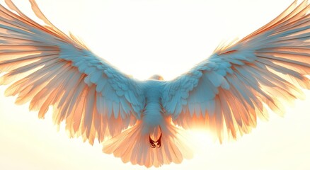 Fototapeta premium Wispy feathers of ethereal angel wings, casting a soft white glow of heavenly light, have a delicate texture that embodies celestial and divine grace, floating softly with an angelic, spiritual,