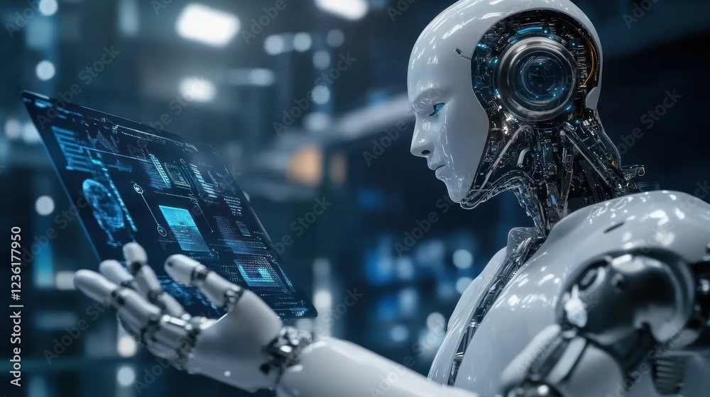 Poster futuristic robot analyzing data in a high-tech environment