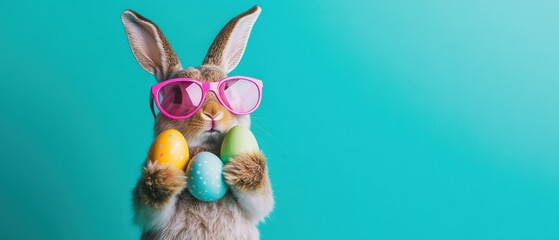 Rabbit wearing sunglasses holding colorful Easter eggs against a vibrant blue background, celebrating spring festivities and Easter traditions. Fun pet photography.