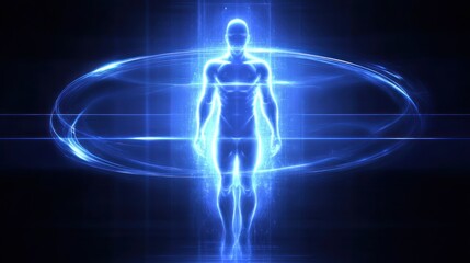 Futuristic glowing human figure in a digital environment (1)