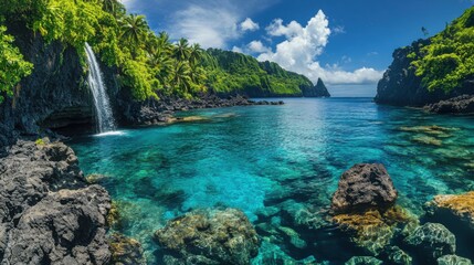 Obraz premium Stunning Tropical Landscape Featuring Waterfall, Clear Blue Water, Lush Greenery, and Rocky Shoreline Under Bright Sky