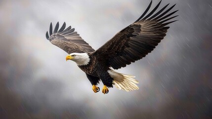 Fototapeta premium Majestic Bald Eagle in Flight Against a Dramatic Stormy Sky