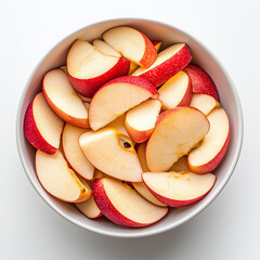 bowl of apple slices, top view, white background