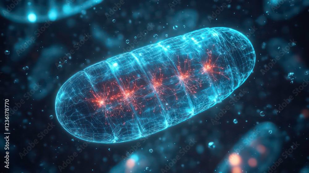 Fototapete microscopic view of a glowing, segmented cell with internal structures highlighted in red and blue.