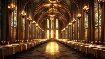 Obraz premium Stunning Grand Hall with Elegant Stained Glass and Golden Light