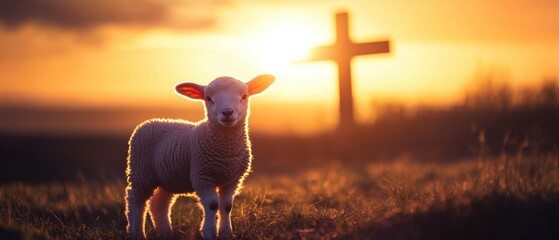 Lamb standing in a field at sunset with a cross in the background, symbolizing faith, purity, and renewal in a serene rural landscape.
