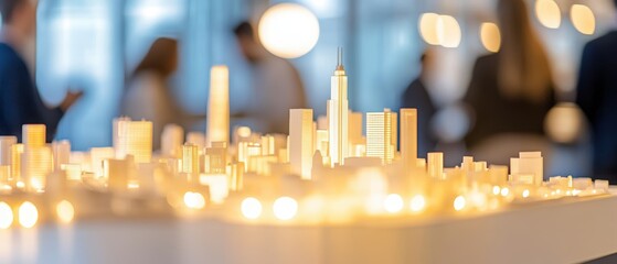 City model, architectural design and urban planning discussion with architects in modern office space. Focus on innovation, development, and collaborative teamwork.