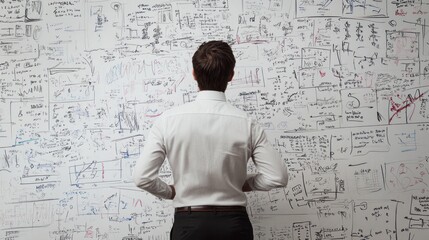 Man contemplating complex equations on whiteboard.
