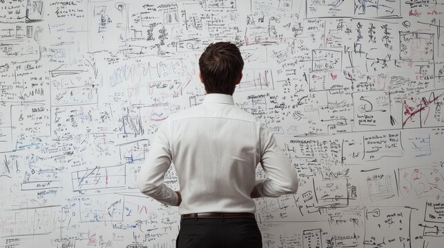 Man contemplating complex equations on whiteboard.