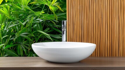 Fototapeta premium Modern Minimalist Bathroom Sink with Greenery and Bamboo Background in Stylish Interior Design