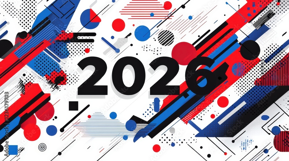 Wall mural colorful flat design vector illustration with geometric elements and bold number 2026 in dynamic com