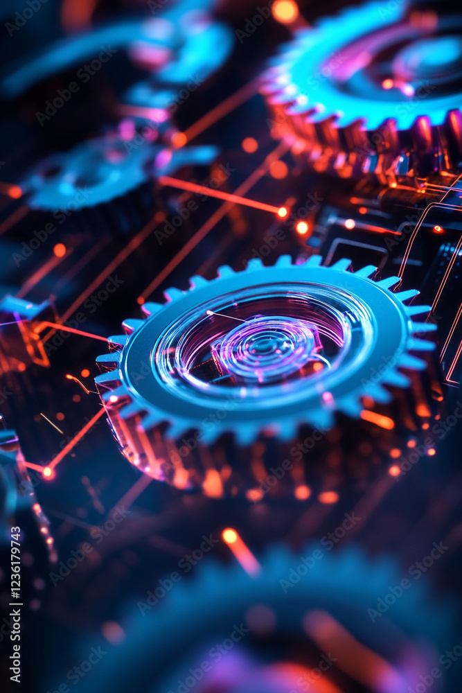 Poster close-up of gears and digital circuits, symbolizing the concept of innovation, digital technology, a