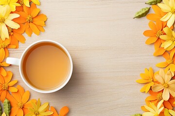 A warm cup of tea surrounded by vibrant orange and yellow flowers on a wooden background, ideal for relaxation and wellness themes in blogs, advertisements, or social media posts,