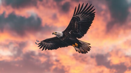 Majestic Eagle Soaring Against a Dramatic Sunset Sky