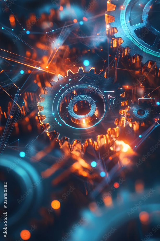 Poster close-up of interconnected gears with glowing lines and digital circuits, symbolizing the fusion of 