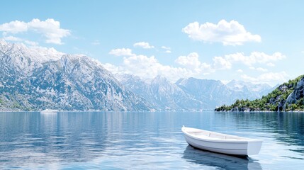 Obraz premium Serene mountain lake, small boat, calm waters, scenic background, travel poster