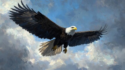 Obraz premium Majestic Bald Eagle Soaring Amidst Dramatic Cloudy Sky