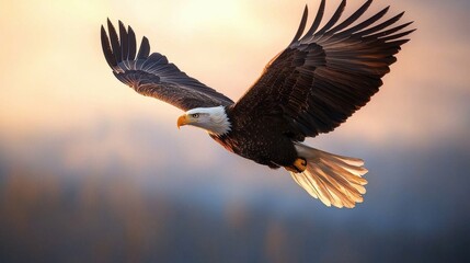 Obraz premium Majestic Eagle Soaring Gracefully Over a Scenic Wilderness Landscape