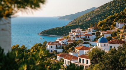 Obraz premium Serene Coastal Village in Greece with Colorful Houses Overlooking the Crystal Clear Blue Sea and Mountains