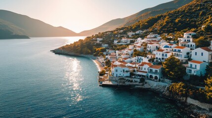 Fototapeta premium Serene Coastal Village at Sunrise Overlooking Calm Waters and Majestic Mountains in Greece