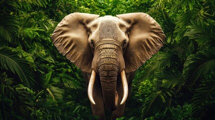 Majestic Elephant Surrounded by Lush Green Jungle Foliage