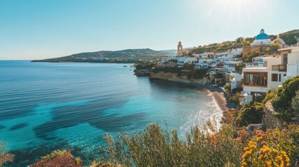 Scenic Coastal View of Serene Blue Waters and Traditional White Buildings in a Picturesque Mediterranean Landscape