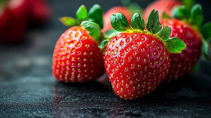 Closeup shot of three juicy, ripe strawberries on a dark background.  Their vibrant red color and glistening texture highlight freshness. Ideal for food blogs, packaging, or healthy eating campaigns.