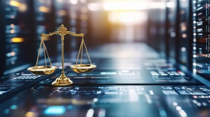 Golden scales of justice on a digital background with data