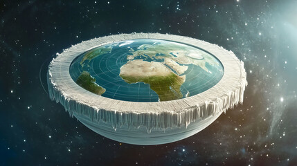 Stunning, artistic depiction of a flat Earth model set against a cosmic backdrop.  Intricate details  icy edge create a captivating, otherworldly scene.