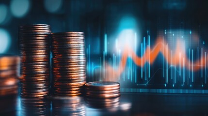 Coins stacked on a table with a stock market graph in the background, representing investment growth, financial analysis, and economic trends in trading.
