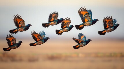 Colorful Birds in Flight Against Soft Sunset Landscape Horizon