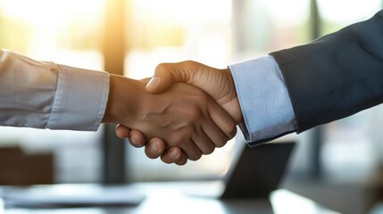 Handshake between business partners in a professional setting, symbolizing agreement, collaboration, and negotiation during corporate dealings for growth.