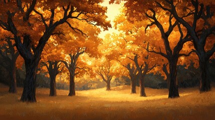 Naklejka premium Autumn Landscape with Golden Leaves under Soft Sunlight Glow